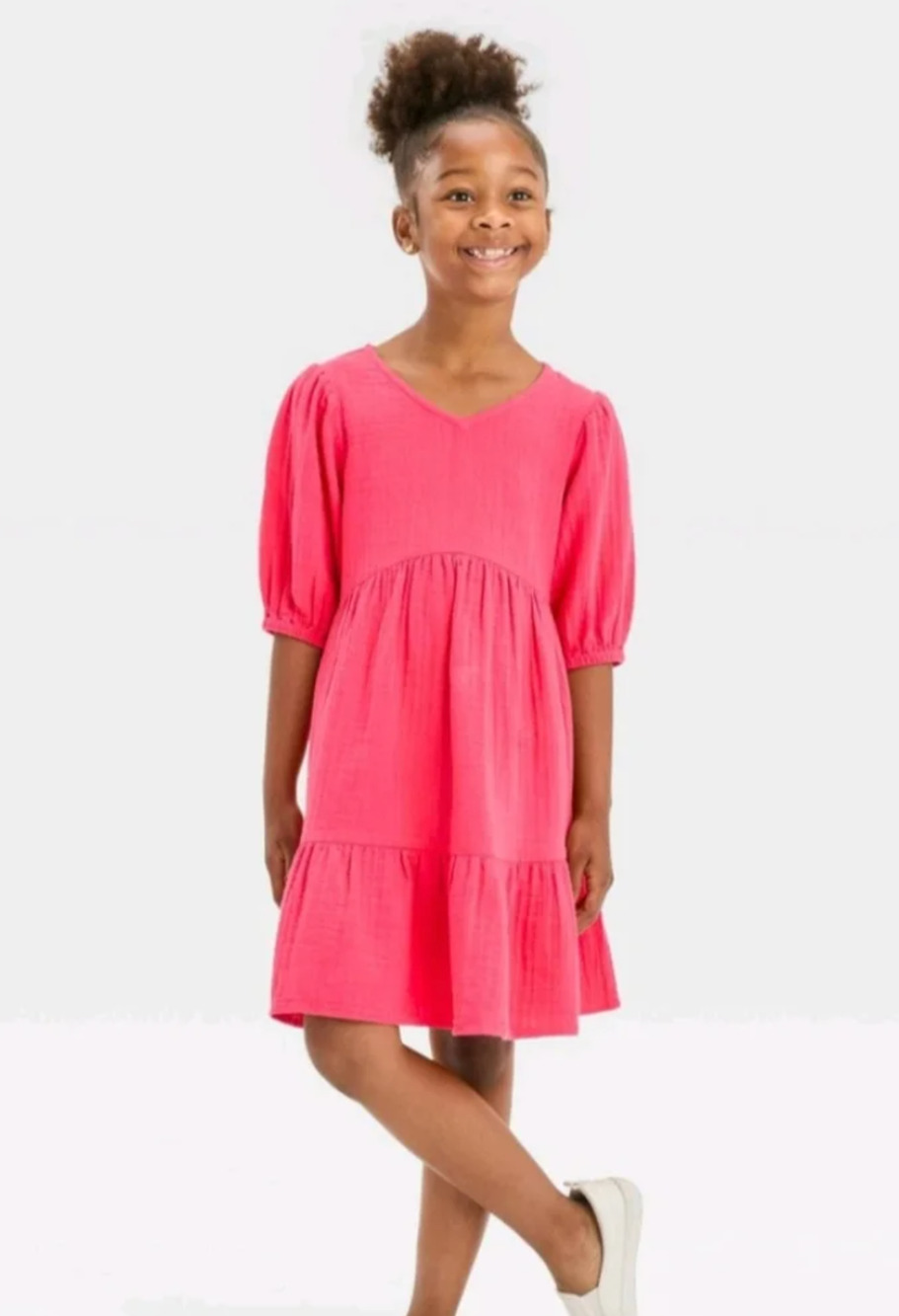 NWT Cat & Jack Gauze Dress Girls XL 14 Pink Tiered V-Neck Puff Sleeve Cotton